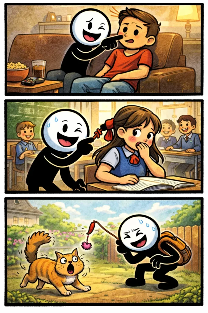 Illustratie van een Toonwords-strip over het woord plagen met een stickman die speelse grapjes uithaalt.