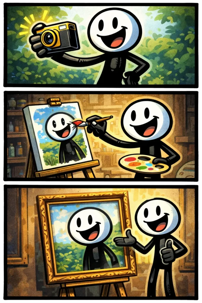 Stripafbeelding van een stickman die een portret schildert op een ezel en trots naar het gemaakte portret kijkt.