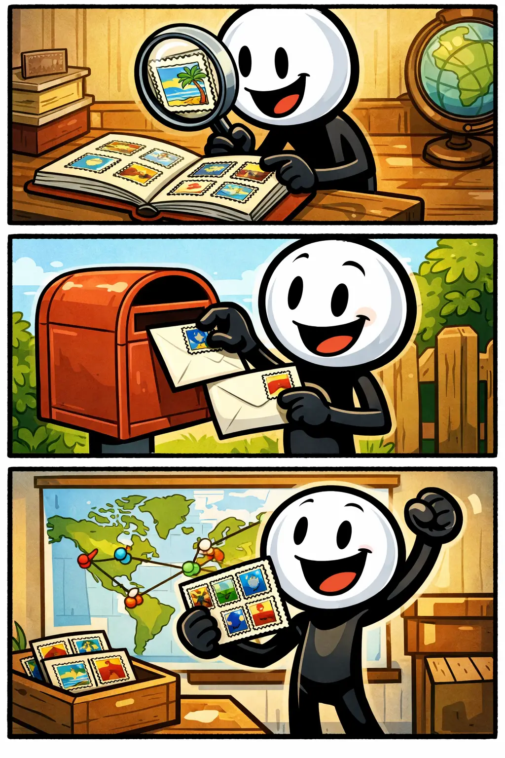 Stripafbeelding van een stickman die een postzegel bekijkt, op een envelop plakt en trots een kaart met meerdere postzegels vasthoudt.