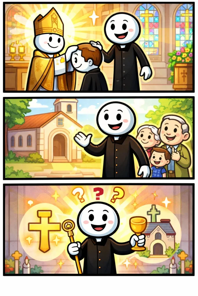 Stripafbeelding in Toonwords-stijl waarin het verschil tussen priester en pastoor wordt uitgebeeld met een wijding, een parochie en één stickman met beide verantwoordelijkheden.