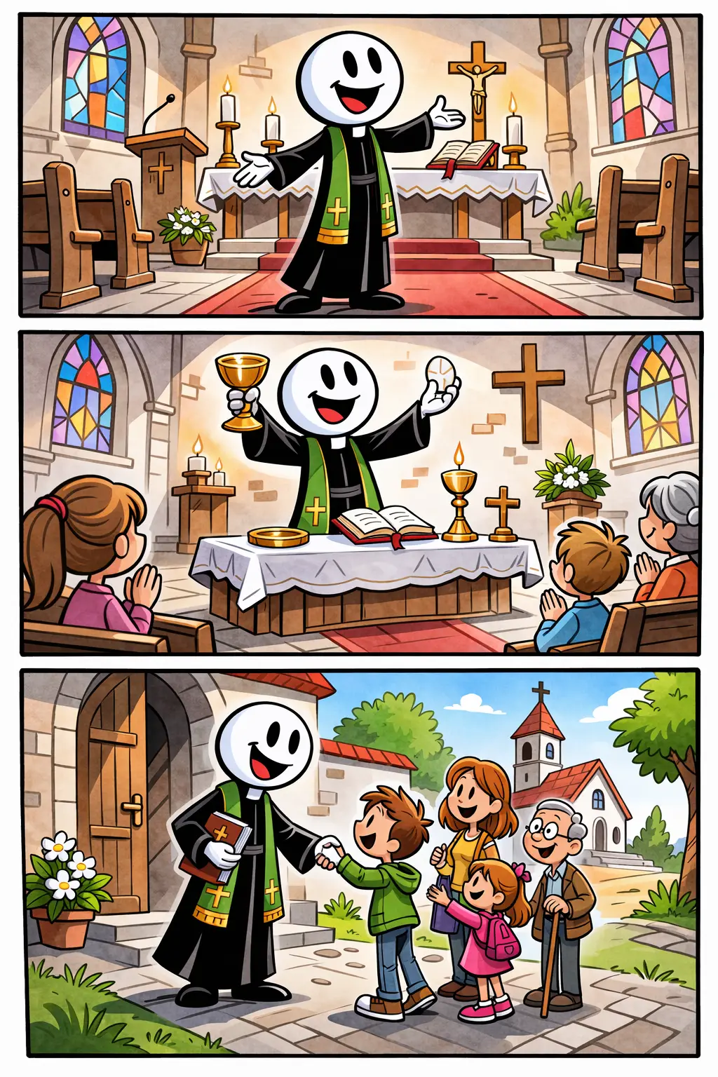 Een Toonwords-strip met drie panelen waarin een stickman als Priester in een kerk staat, een dienst leidt en een gezin begroet bij de ingang.