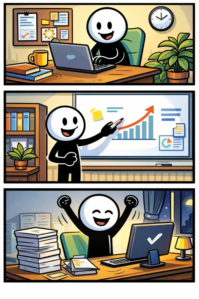 Stickman die in drie panelen verschillende handelingen toont rond het begrip ‘Productiviteit’ in een helder en georganiseerd decor.