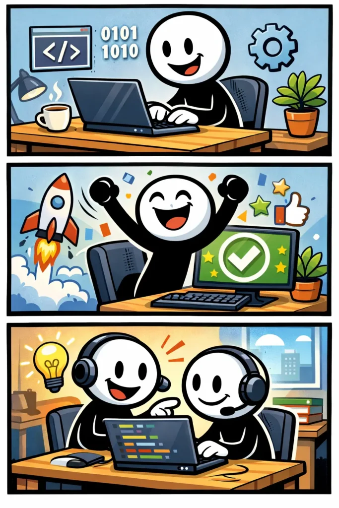Stripafbeelding van een stickman als programmeur die achter een laptop code schrijft, succes viert en samen programmeert in een kantooromgeving.