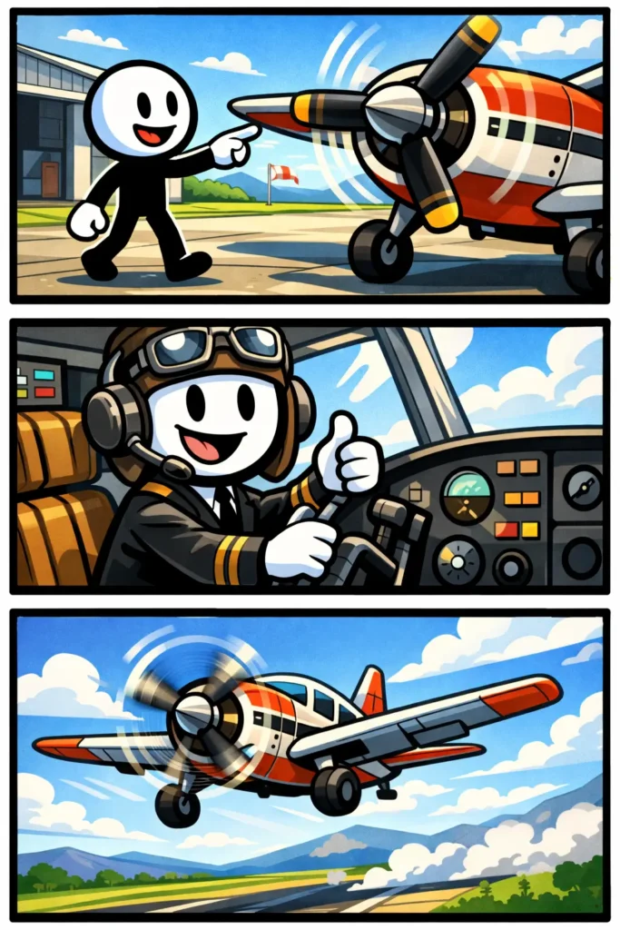 Stickman toont een propeller van een vliegtuig in een Toonwords-stijltekening.