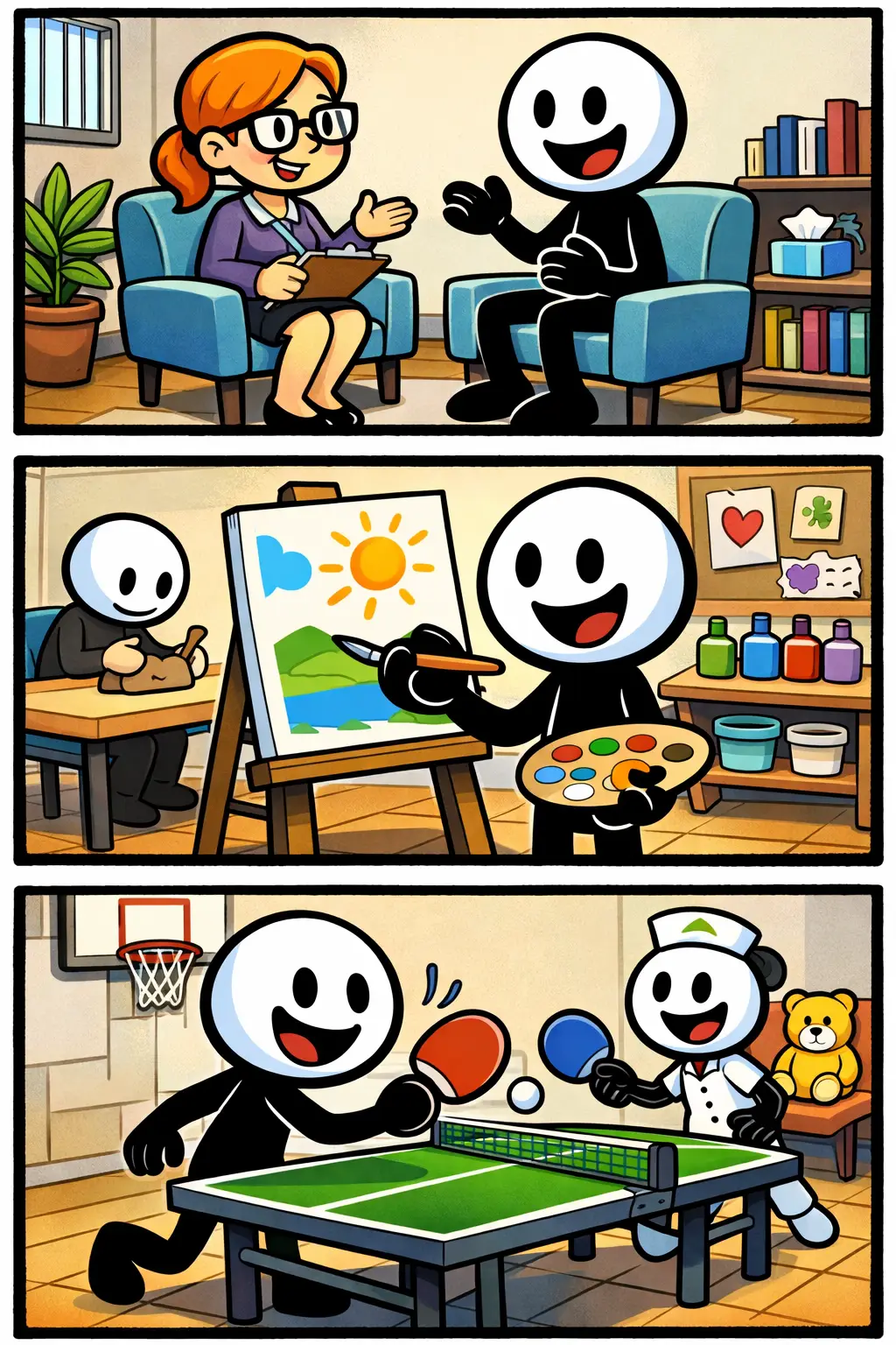 Stripafbeelding van een psychische inrichting met een stickman in gesprek, creatief bezig en spelend in een veilige zorgomgeving.