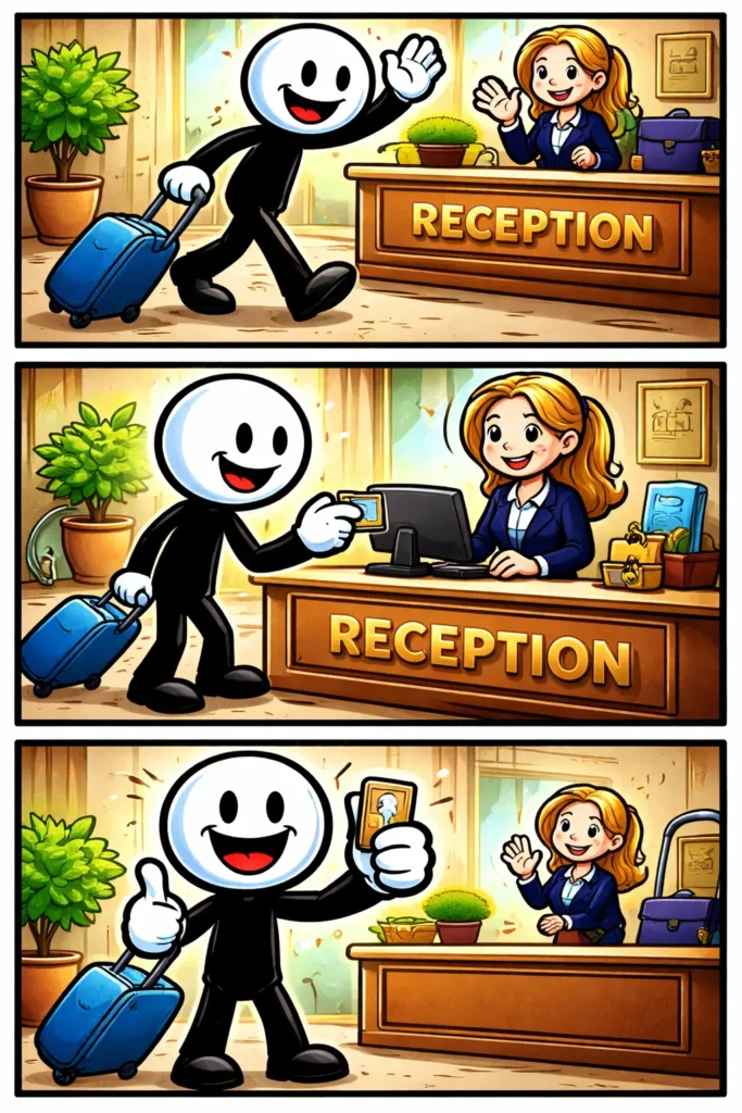 Stickman meldt zich bij een receptie met balie, geeft een kaart af en ontvangt daarna een sleutelkaart in een lichte hotellobby.