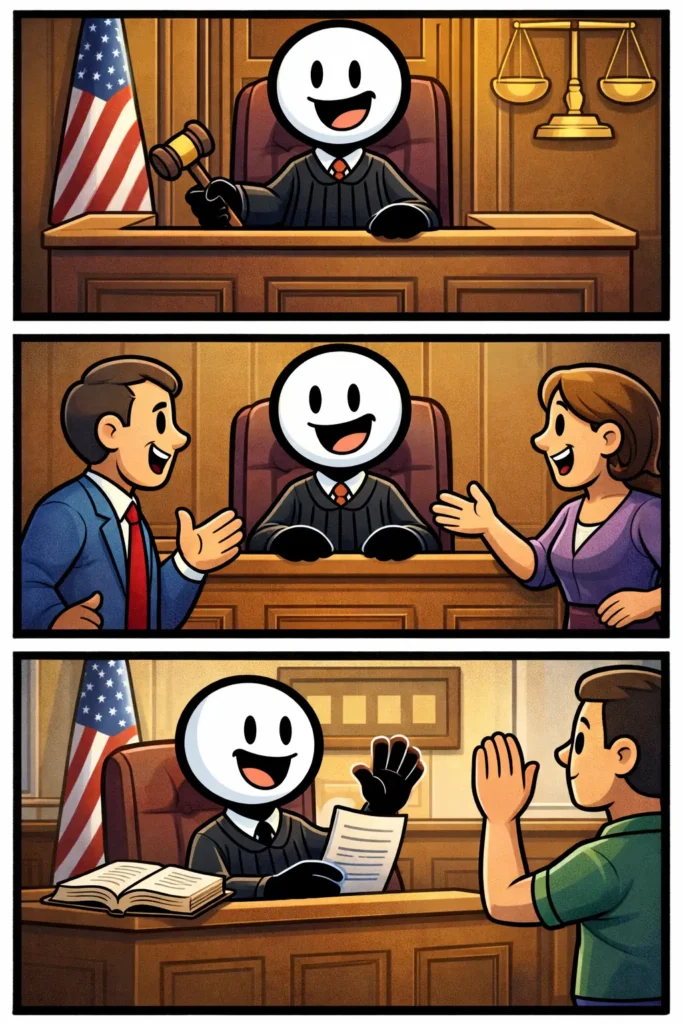 Een Toonwords-afbeelding van het woord rechter met een stickman die in drie panelen situaties beoordeelt.