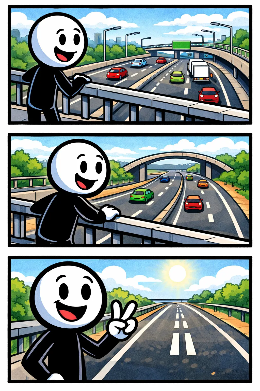 Stickman op een viaduct die naar een rijstrook kijkt met duidelijk zichtbare wegmarkeringen.