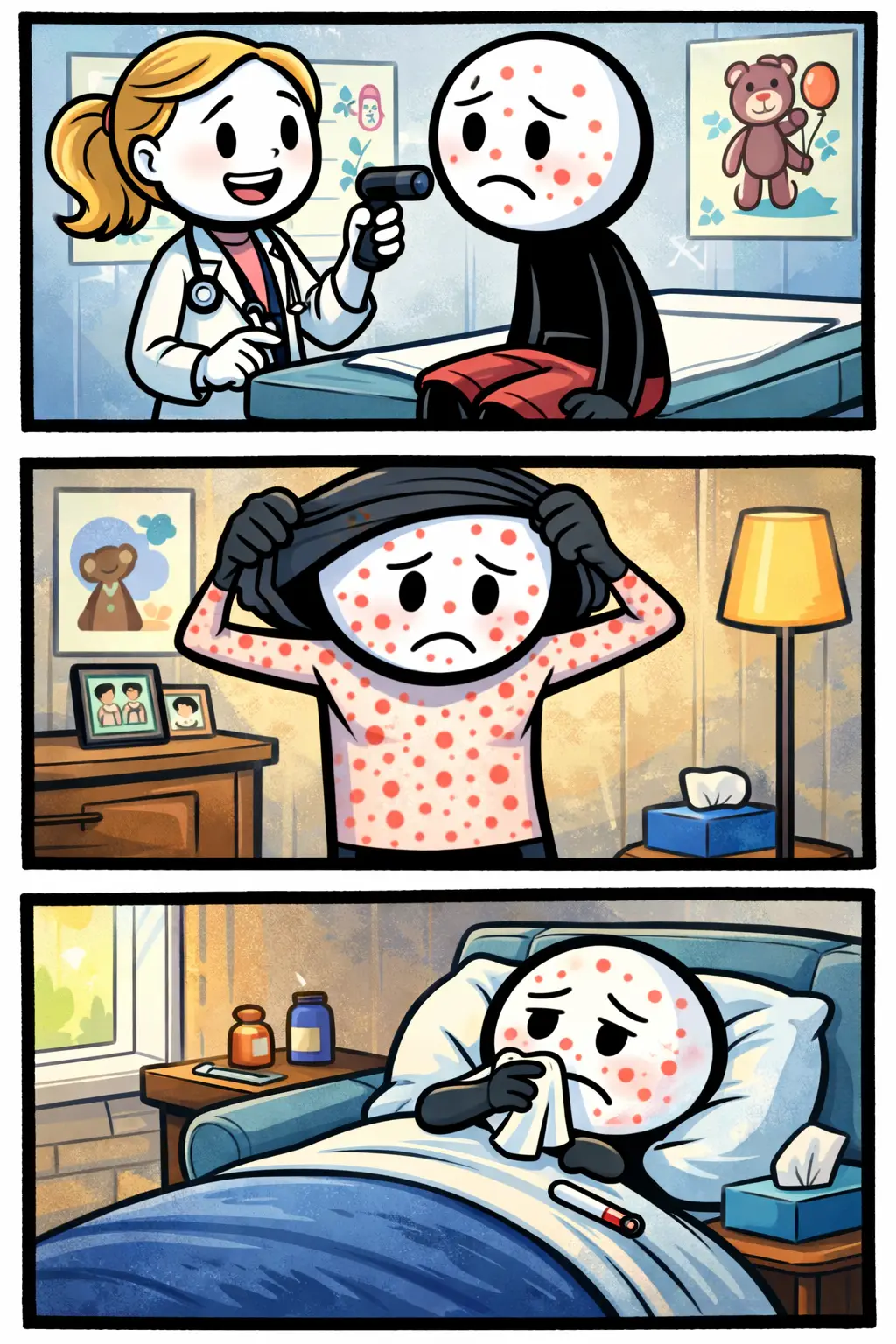 Stripafbeelding van het Toonword rode hond met stickman die kleine rode vlekjes op zijn huid ontdekt.