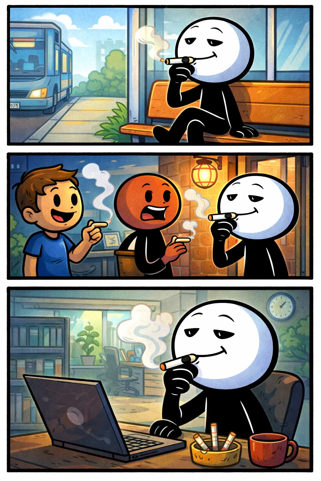 Stickman in drie panelen die verschillende momenten van roken toont in uiteenlopende omgevingen met zichtbare rook en handelingen.