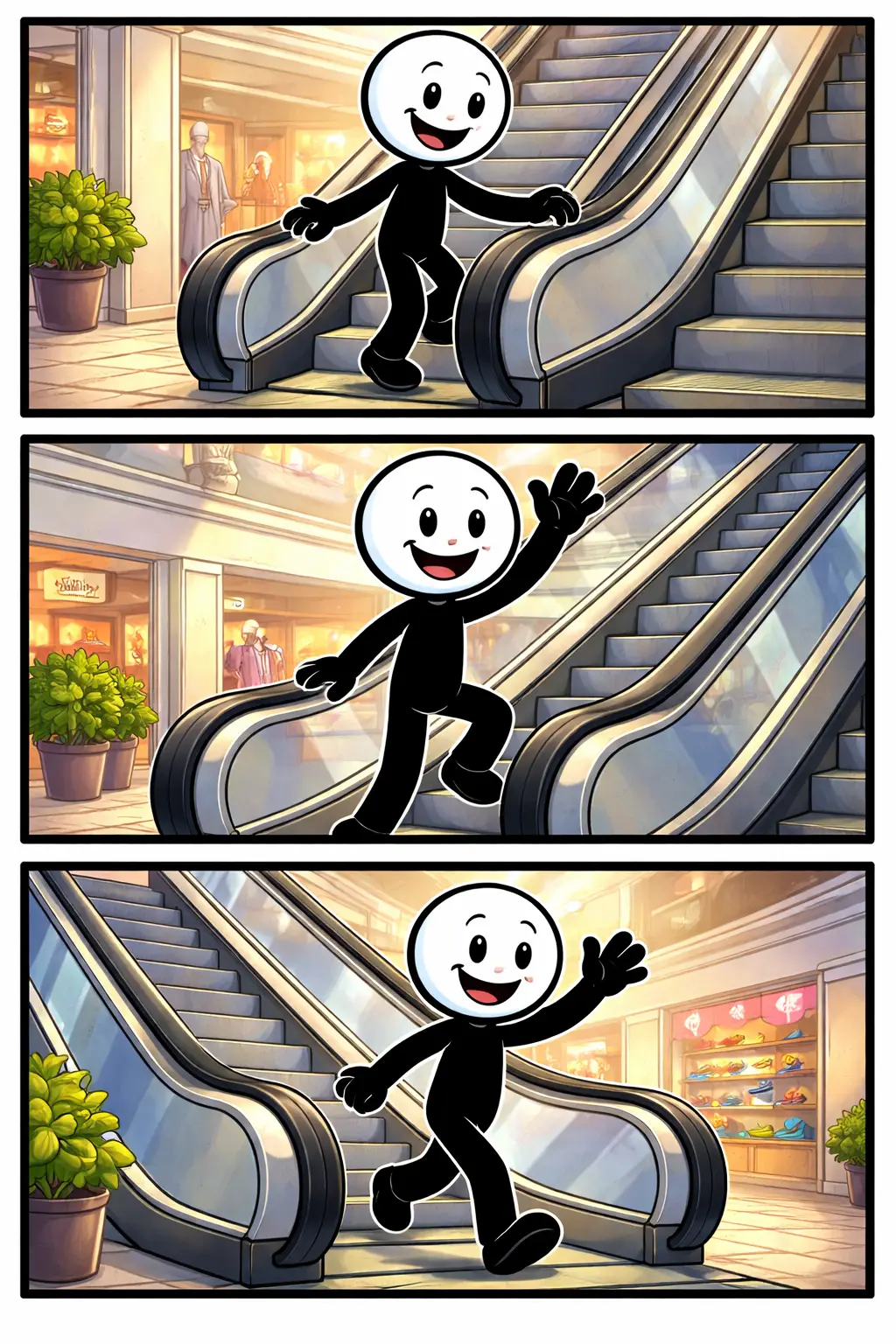 Een stickman gebruikt een roltrap in drie panelen, van opstappen tot omhooggaan en uitstappen, in een kleurrijke omgeving.