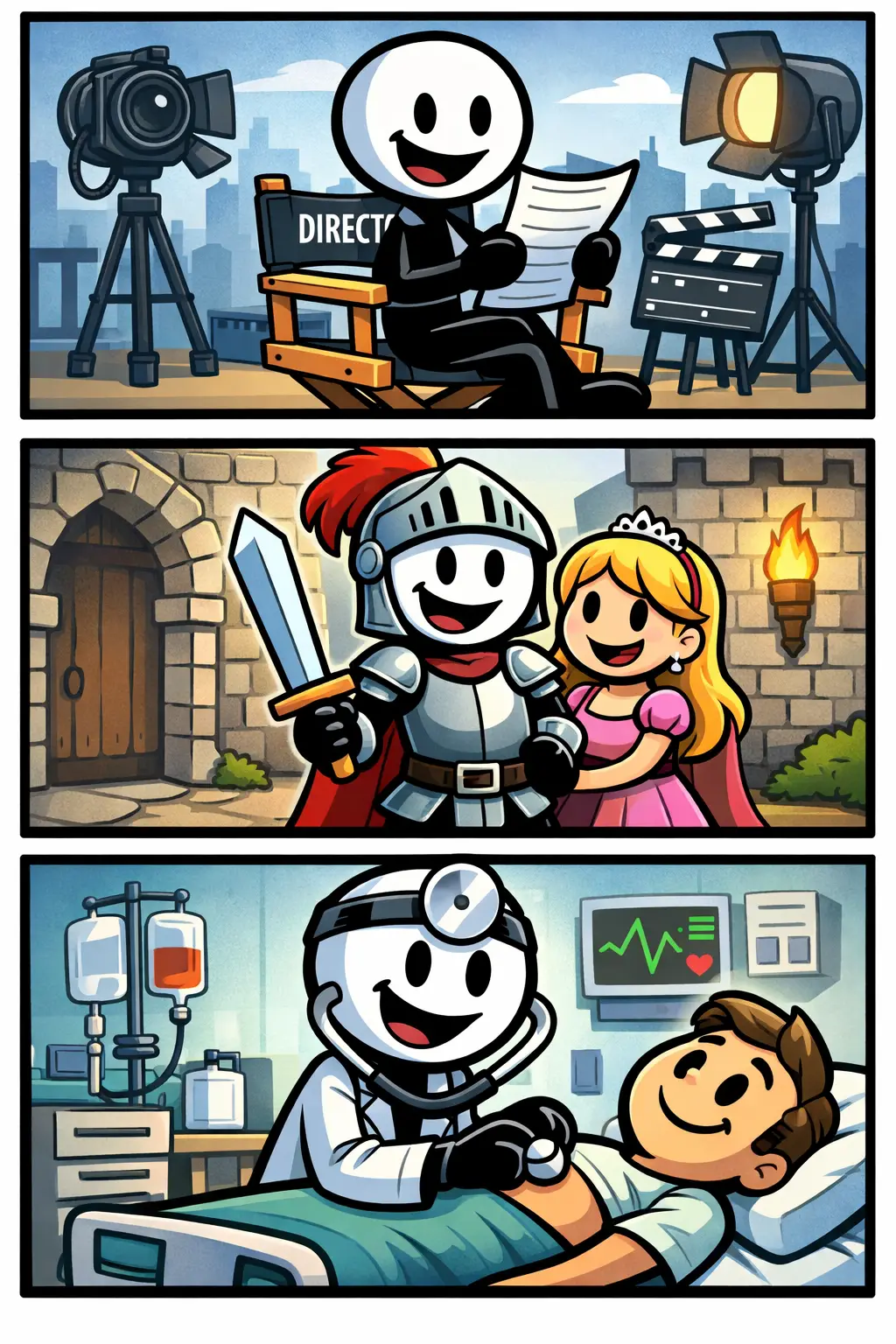 Stripafbeelding over het Nederlandse woord rolverdeling met drie momenten in verschillend decor.