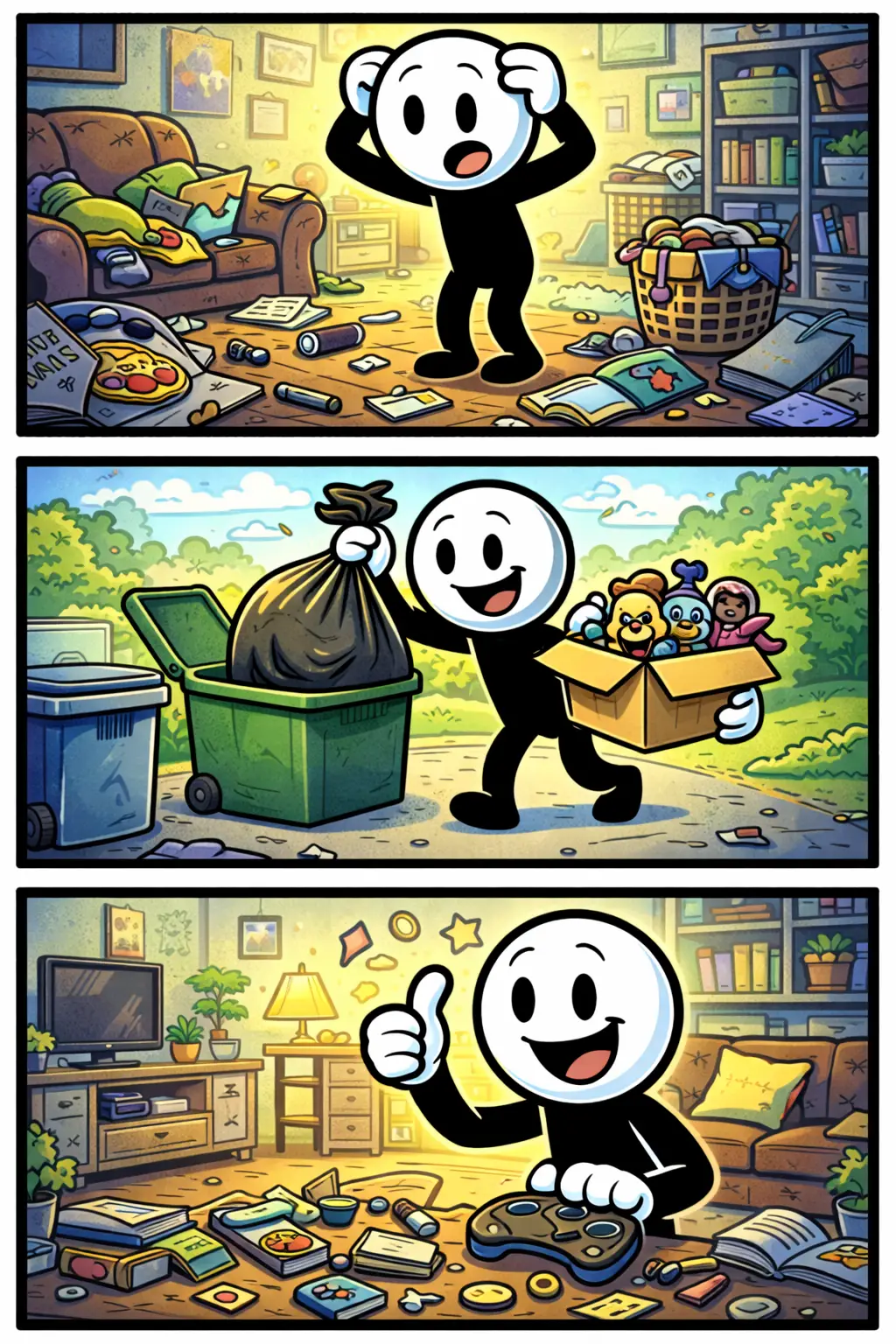 Stripafbeelding van Rommel in drie panelen waarin een stickman eerst geschrokken kijkt naar een rommelige kamer, daarna opruimt en afval wegbrengt, en uiteindelijk tevreden een opgeruimde ruimte toont.