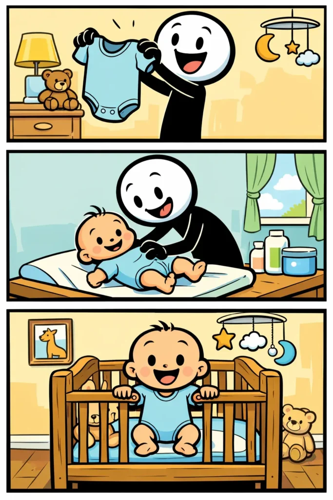 Stickman trekt een rompertje aan bij een baby in Toonwords-stijl.