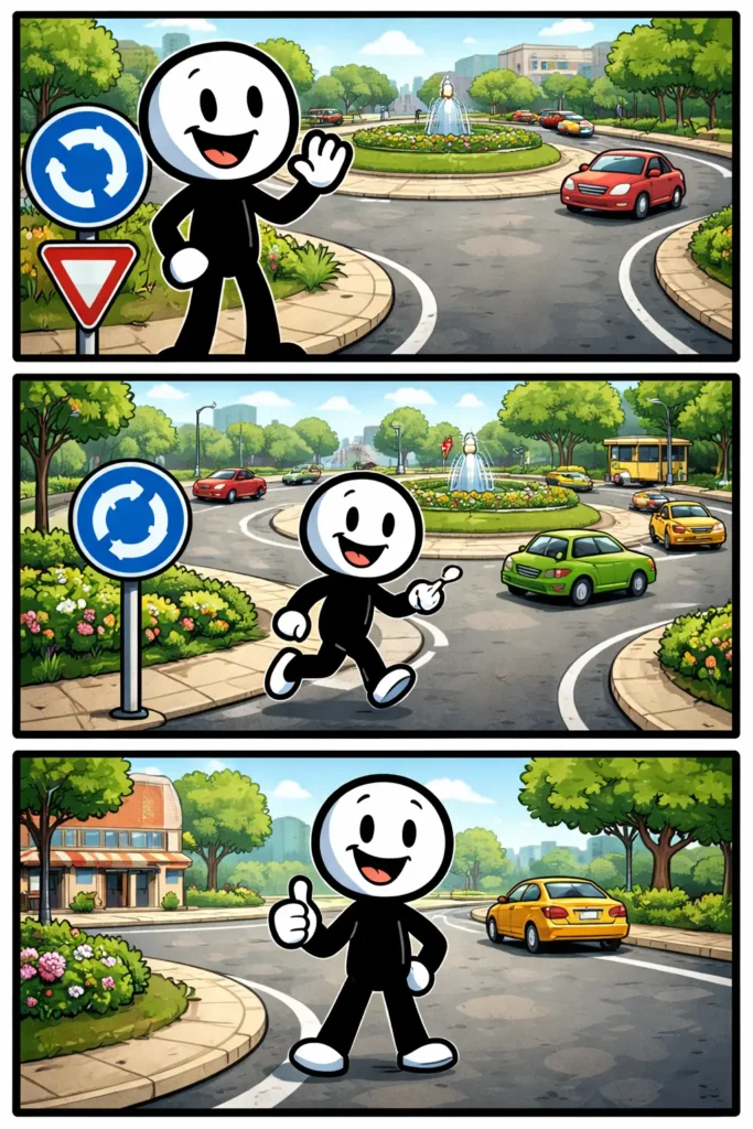 Rotonde met verkeer dat in een ronde baan beweegt en een centrale middenstrook.