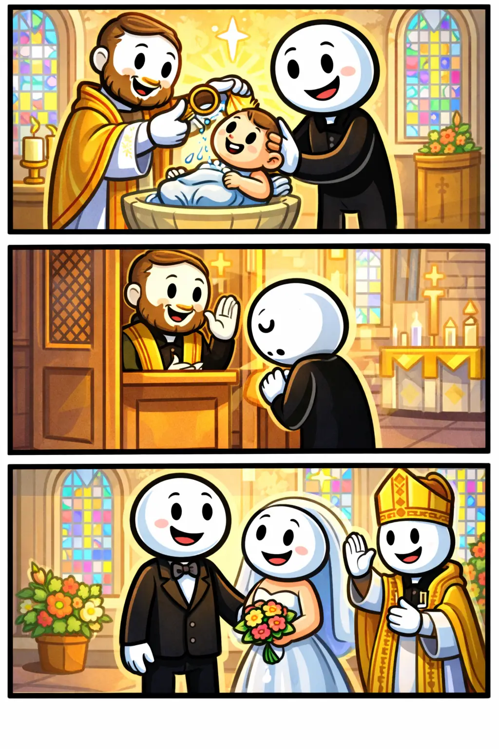 Stripafbeelding in Toonwords-stijl waarin het woord sacrament wordt uitgebeeld met een doop, biecht en huwelijk in drie verschillende kerkelijke scènes.