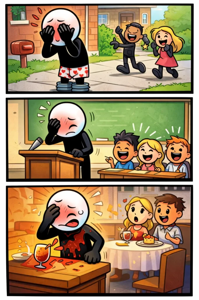 Een stickman ervaart schaamte in drie verschillende situaties waarbij het gezicht rood kleurt en de houding onzeker wordt.