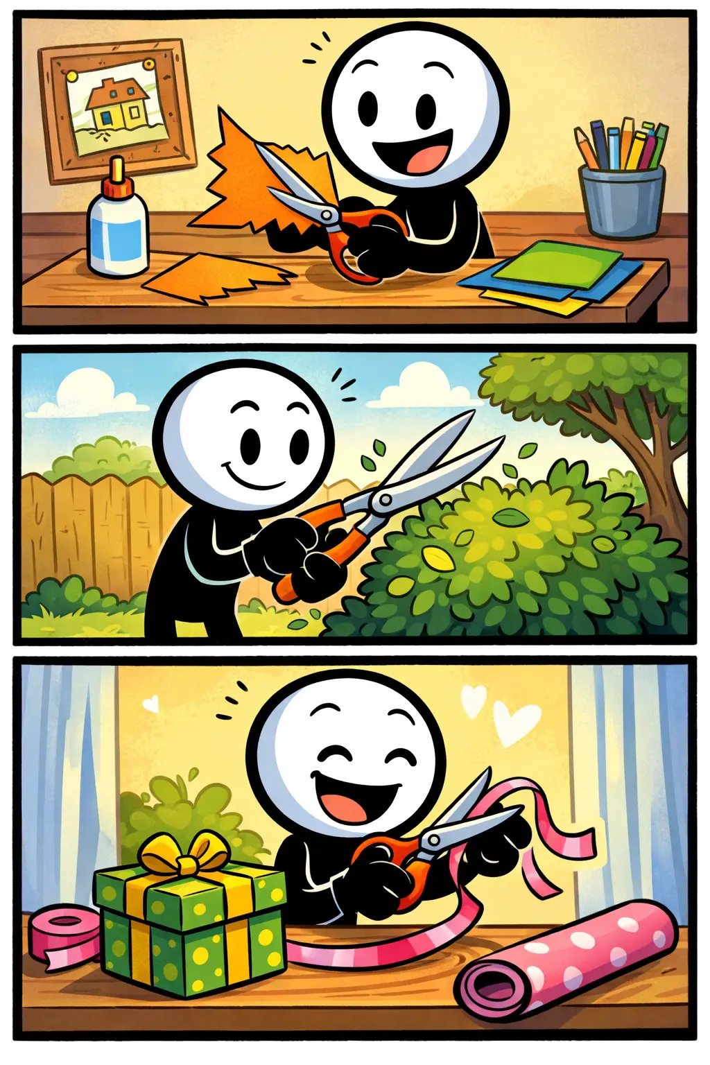 Een toonwords-afbeelding van een schaar, met een stickman die het voorwerp gebruikt in verschillende handelingen.