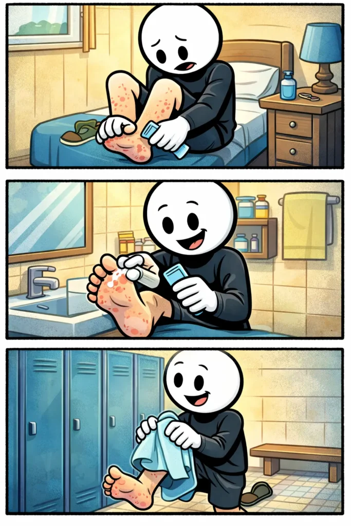 Stickman met schimmelinfectie op de voet die in drie panelen de plek onderzoekt, insmeert en verzorgt.