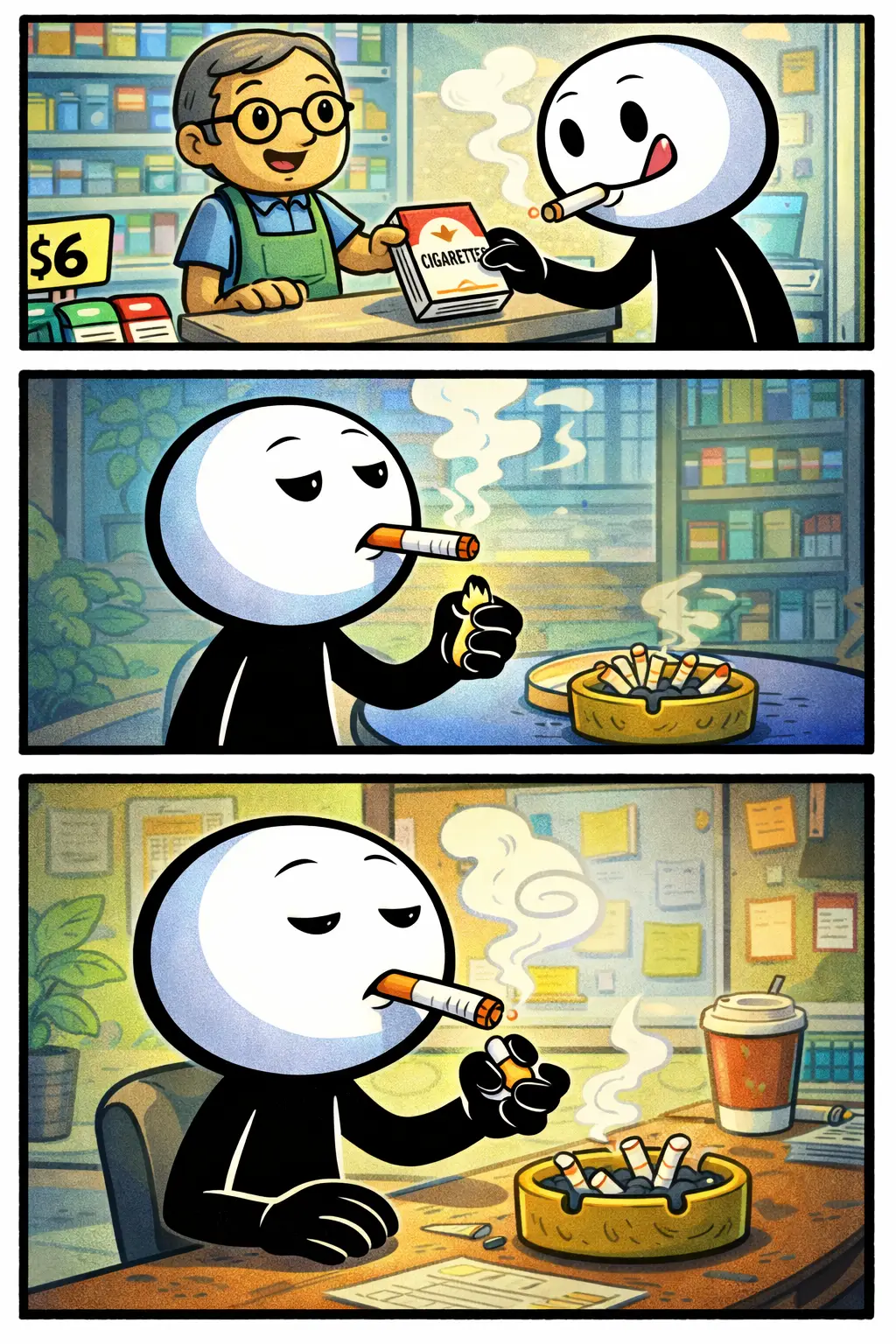 Stickman in drie panelen die een sigaret gebruikt in verschillende omgevingen met zichtbare handelingen en rook.