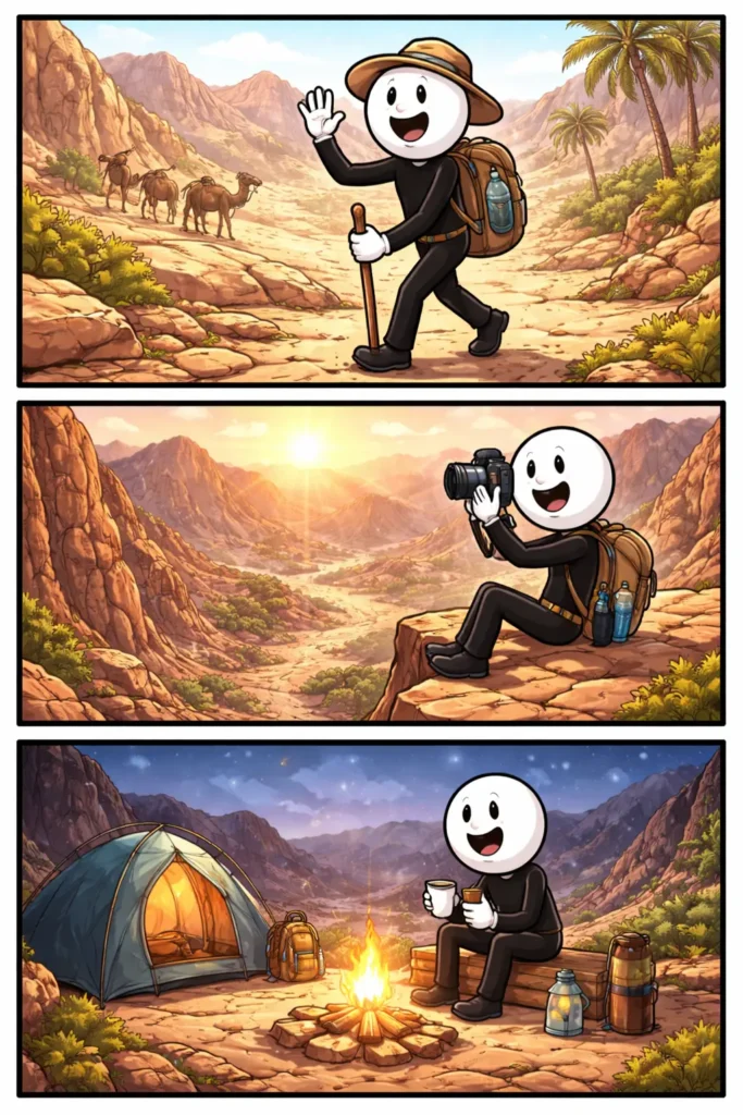 Sinaïwoestijn met een stickman die in drie panelen door verschillende woestijnlandschappen trekt.