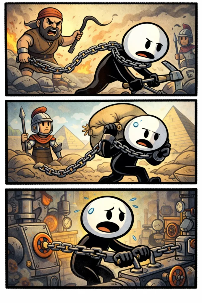 Stickman verbeeldt het begrip slaaf in drie scènes in de Toonwords-stijl.