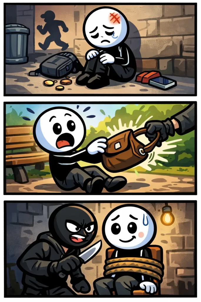 Stripafbeelding van het toonword Slachtoffer met een stickman die in drie verschillende situaties schade en dreiging ervaart in wisselende omgevingen.