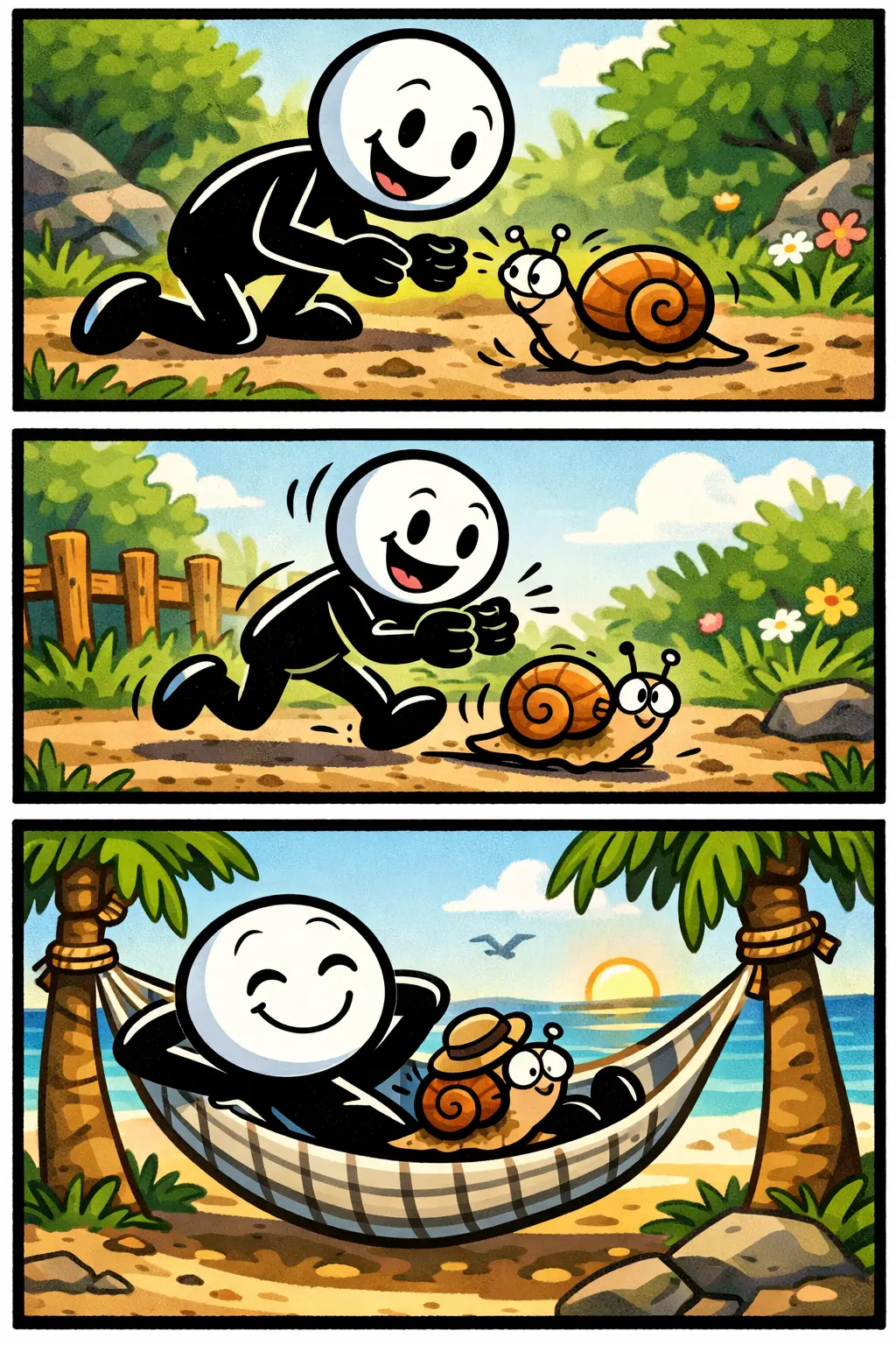 Stripafbeelding van het toonwoord Slak met een vrolijke stickman die een slak volgt in drie verschillende buitenomgevingen.
