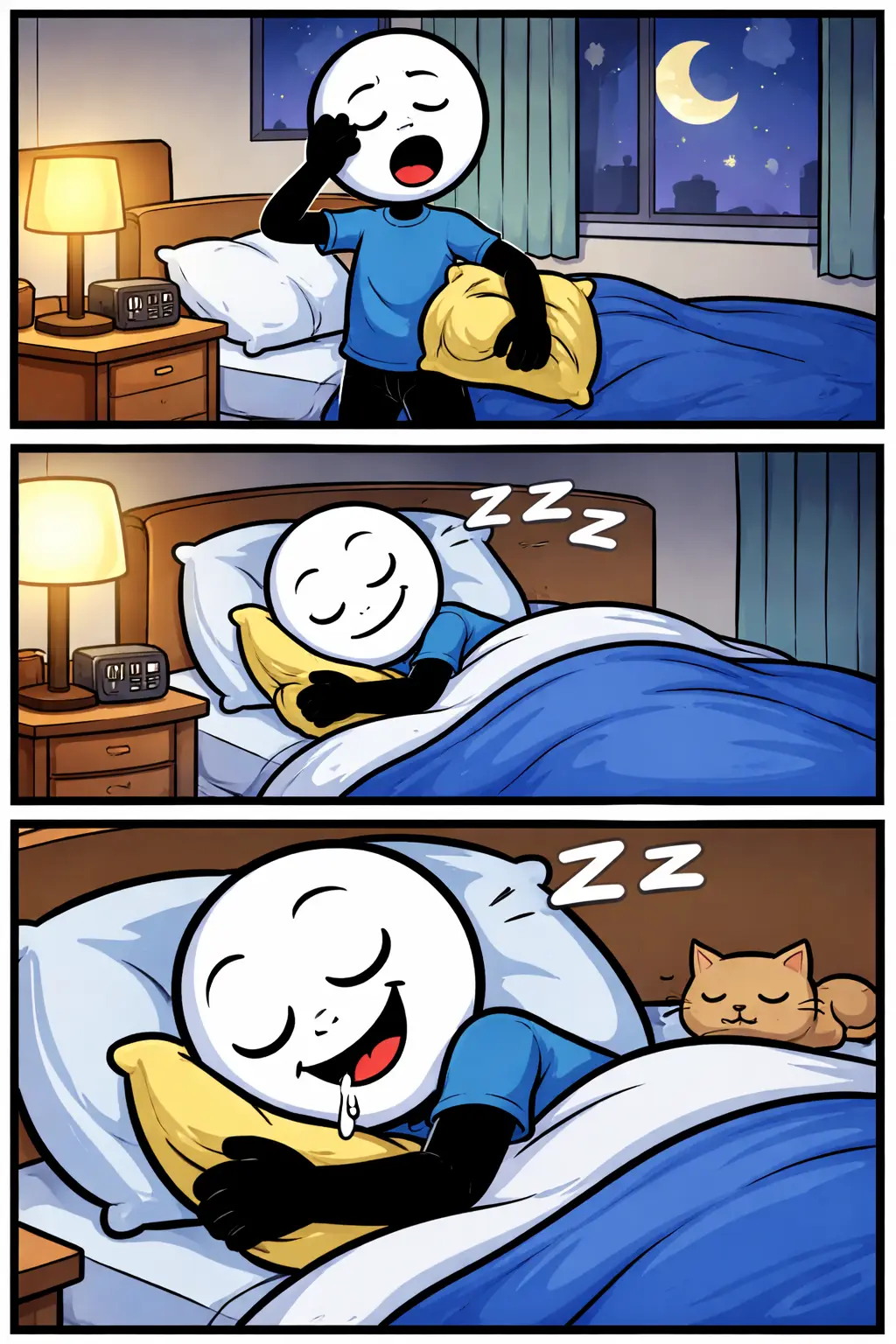 Een stickman ligt ontspannen in een bed zodat het Nederlandse woord slapen direct herkenbaar is.