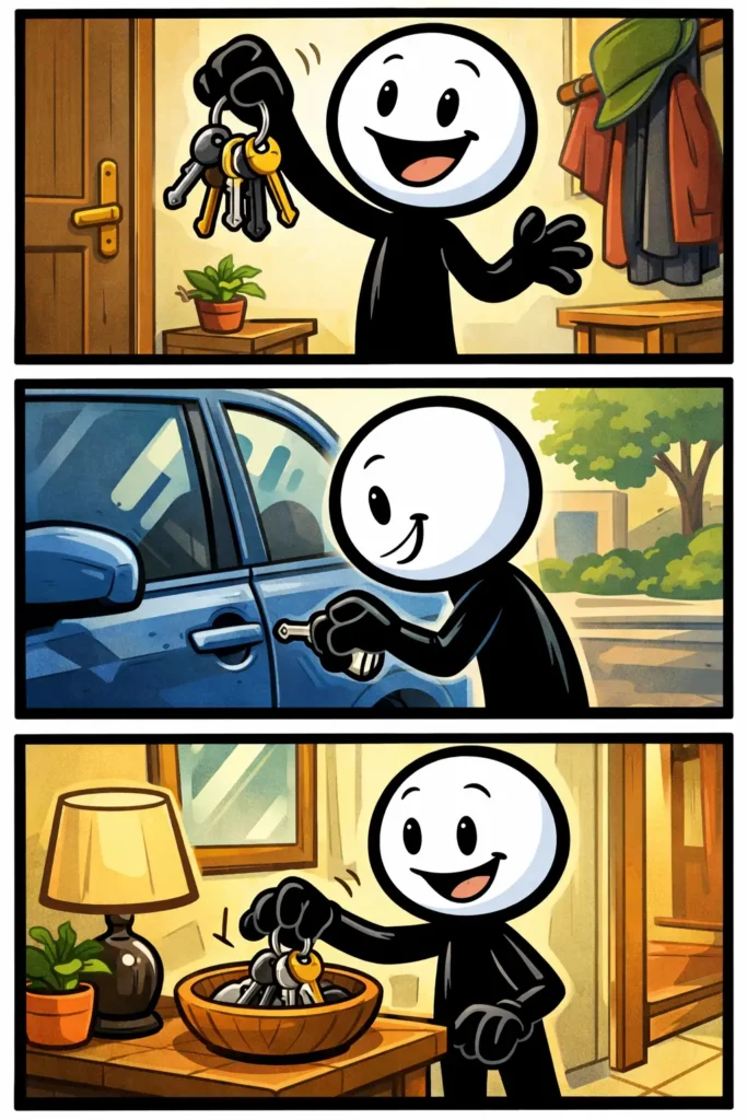 Illustratie van een sleutelbos met verschillende sleutels in Toonwords-stijl.