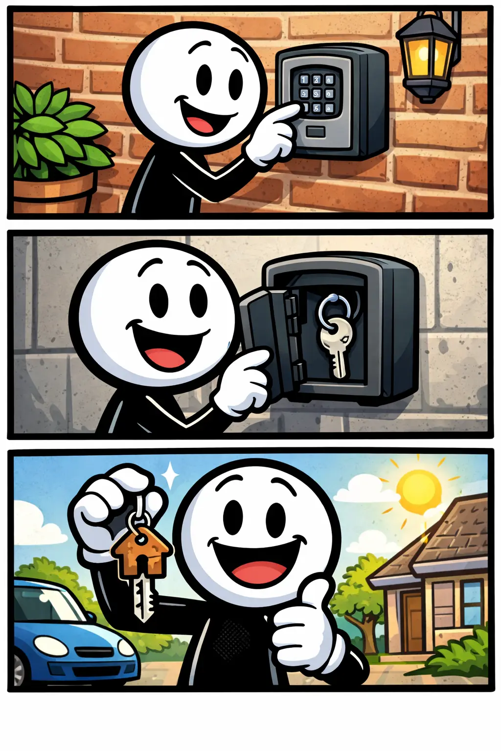 Sleutelkluis aan een muur met een stickman die de sleutel eruit haalt, toonword Sleutelkluis.