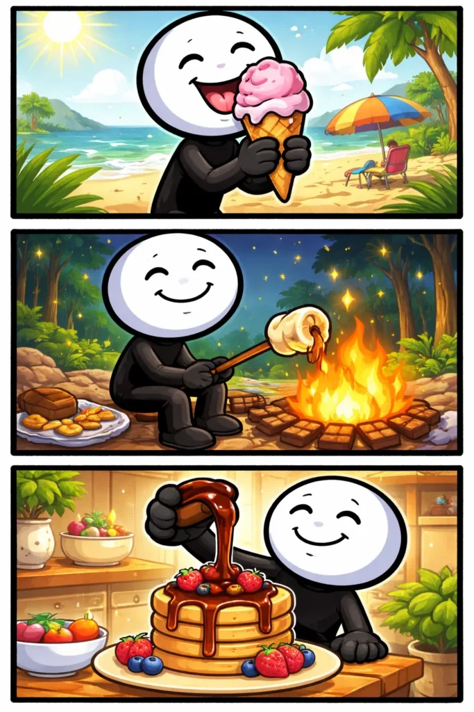 Een stripafbeelding van een stickman die in drie scènes laat zien hoe iets smelt.