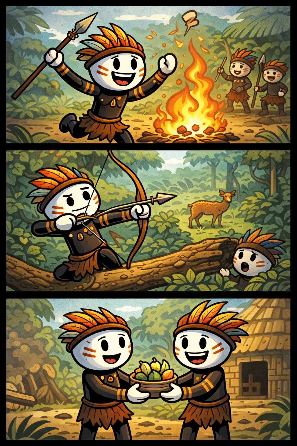 Illustratie van een stam in de jungle met een stickman in Toonwords-stijl die samen met anderen activiteiten uitvoert binnen hun stam.