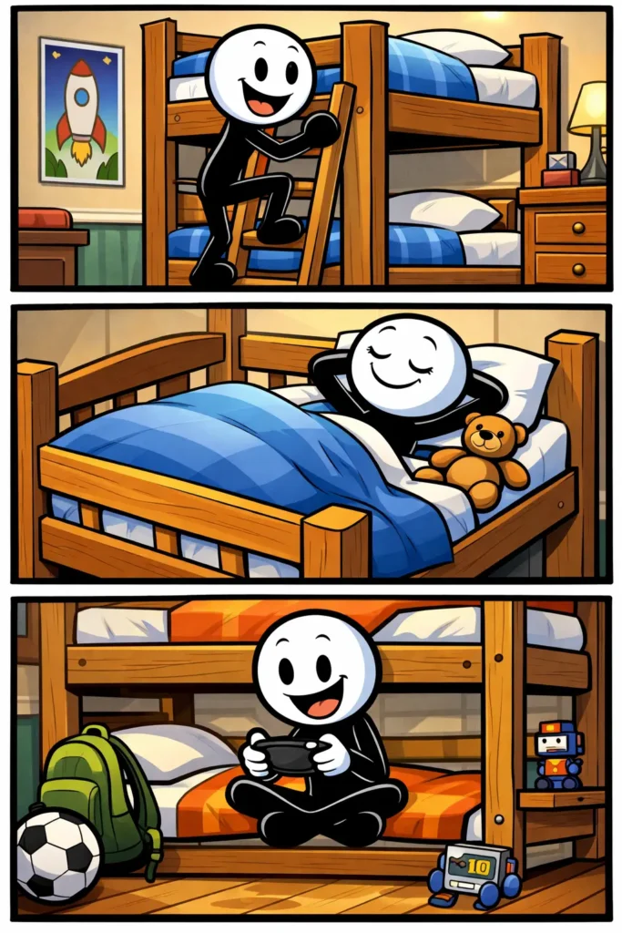 Stapelbed met stickman die verschillende handelingen uitvoert rondom het stapelbed.