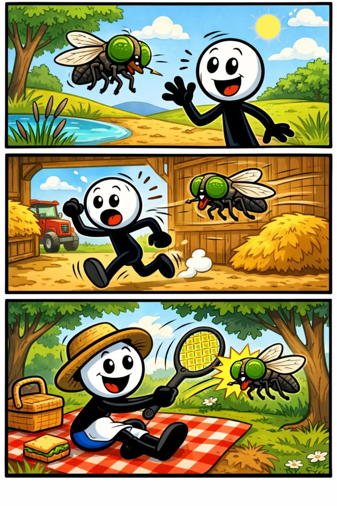 Stripafbeelding van een steekvlieg met een stickman in Toonwords-stijl in verschillende scènes.