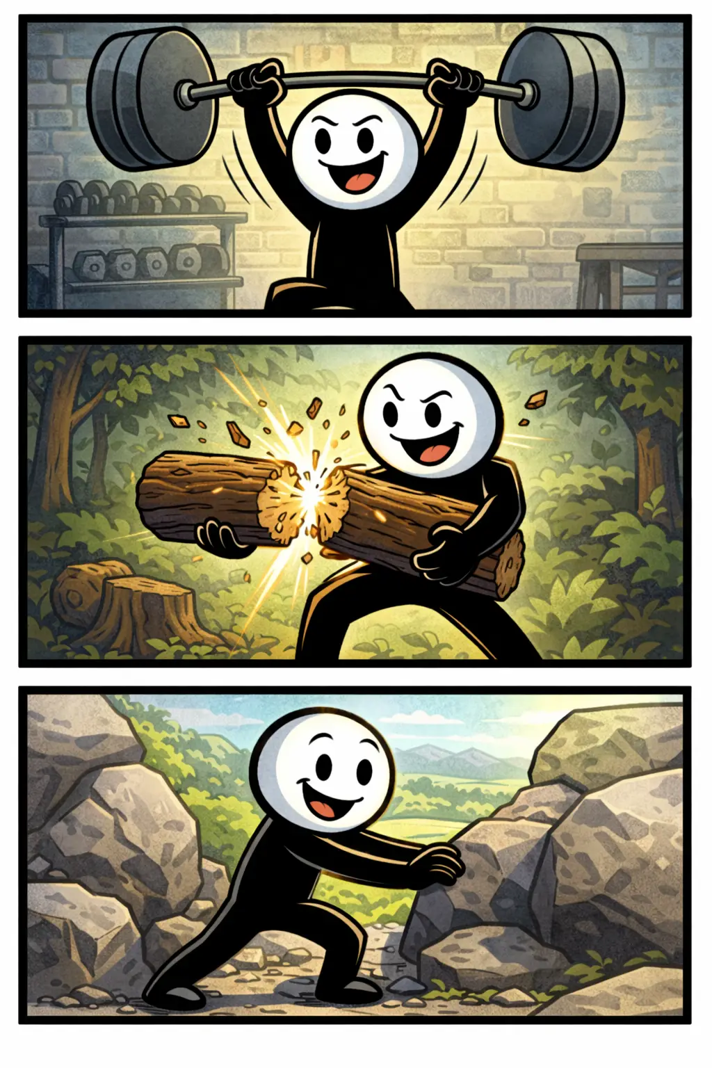 Stickman die op verschillende manieren sterk is, zoals tillen en duwen, passend bij het woord sterk.