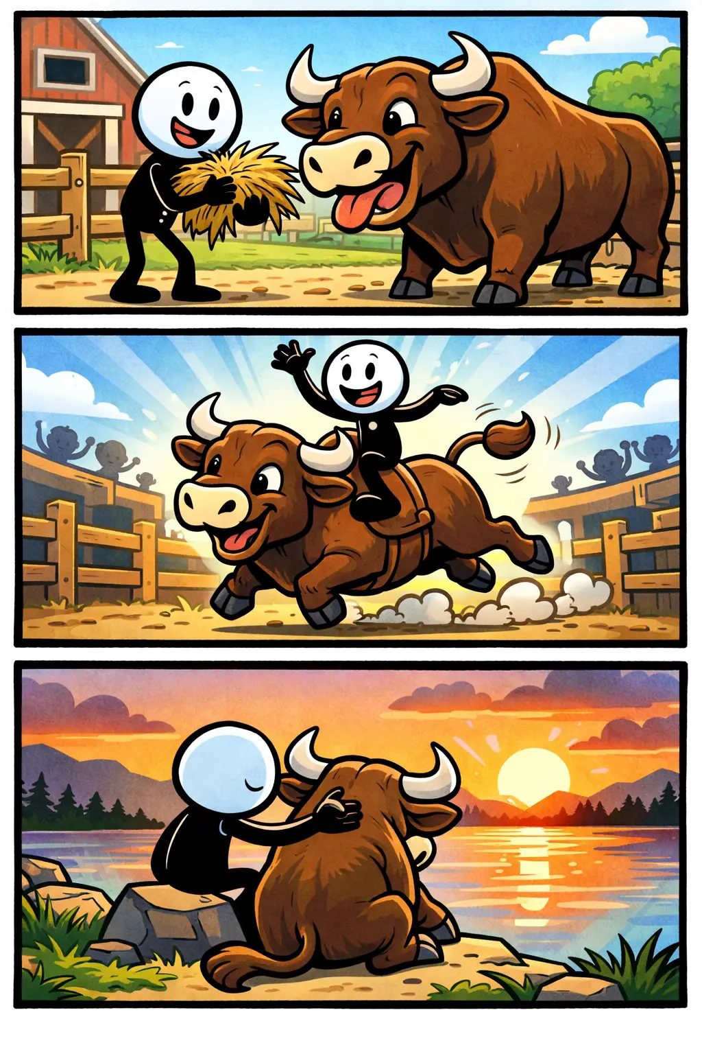 Een Toonwords-afbeelding van een stickman samen met een stier in drie panelen, met het woord stier centraal uitgebeeld.