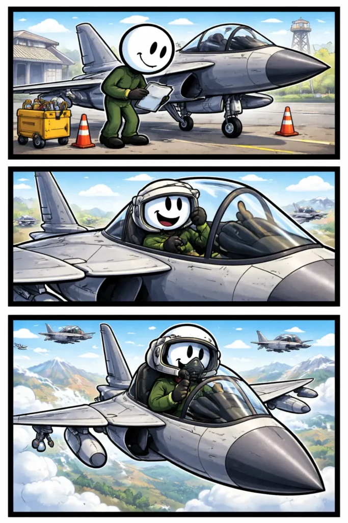 Een Toonwords-strip met een stickman bij een straaljager: controleren op de grond, in de cockpit zitten en hoog in de lucht vliegen, passend bij het Nederlandse woord straaljager.
