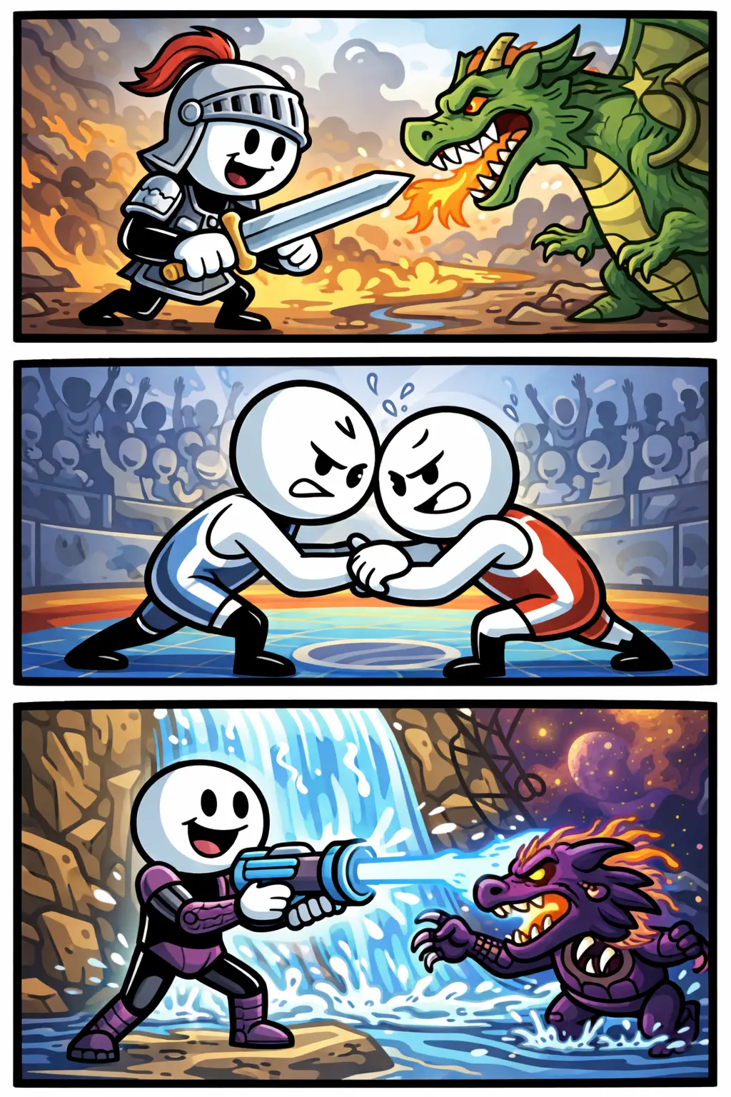 Een Toonwords-strip waarin een stickman in drie scènes strijdt in verschillende situaties en omgevingen.