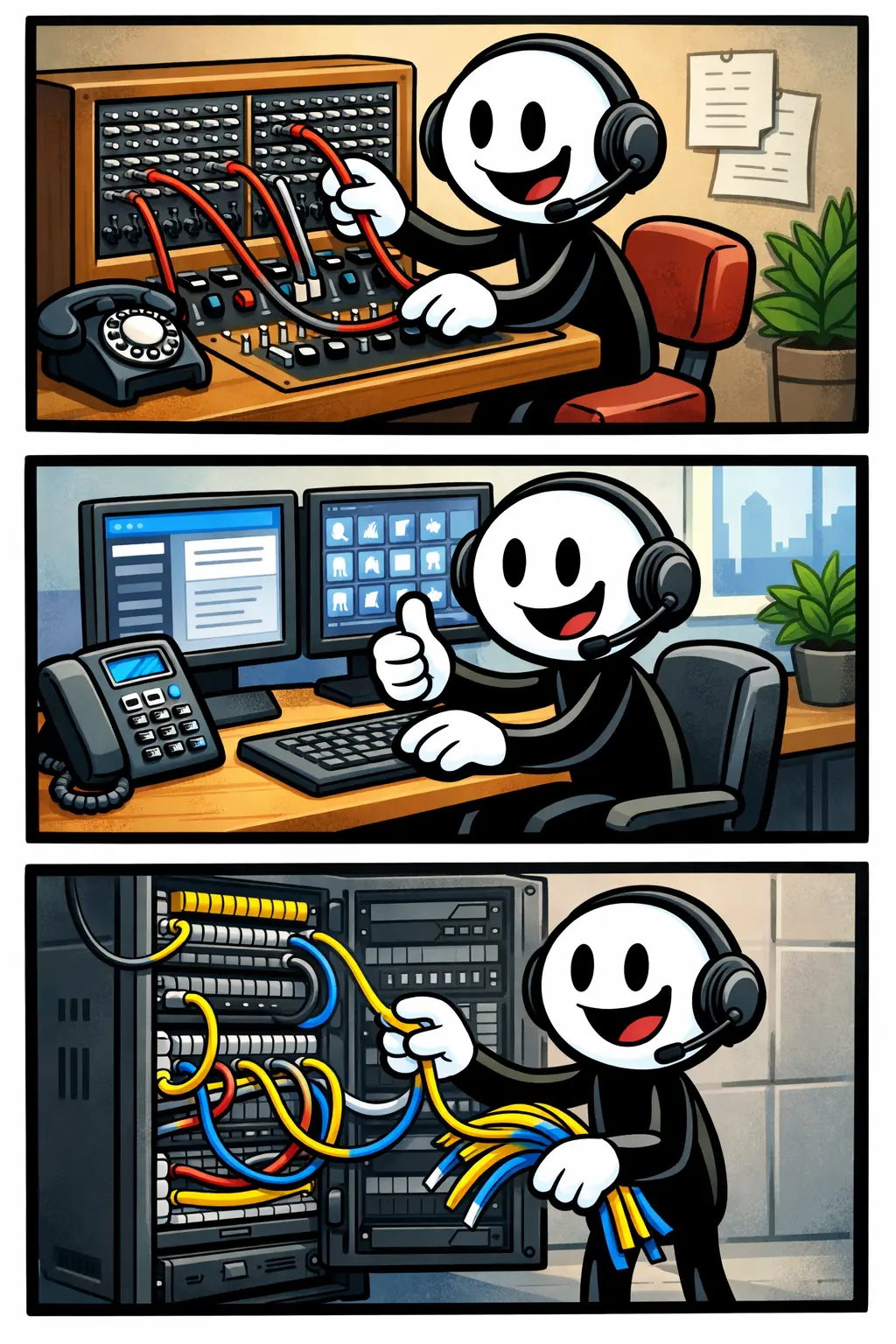 Stickman bij een telefooncentrale die verbindingen maakt in verschillende tijdperken, passend bij het woord telefooncentrale.