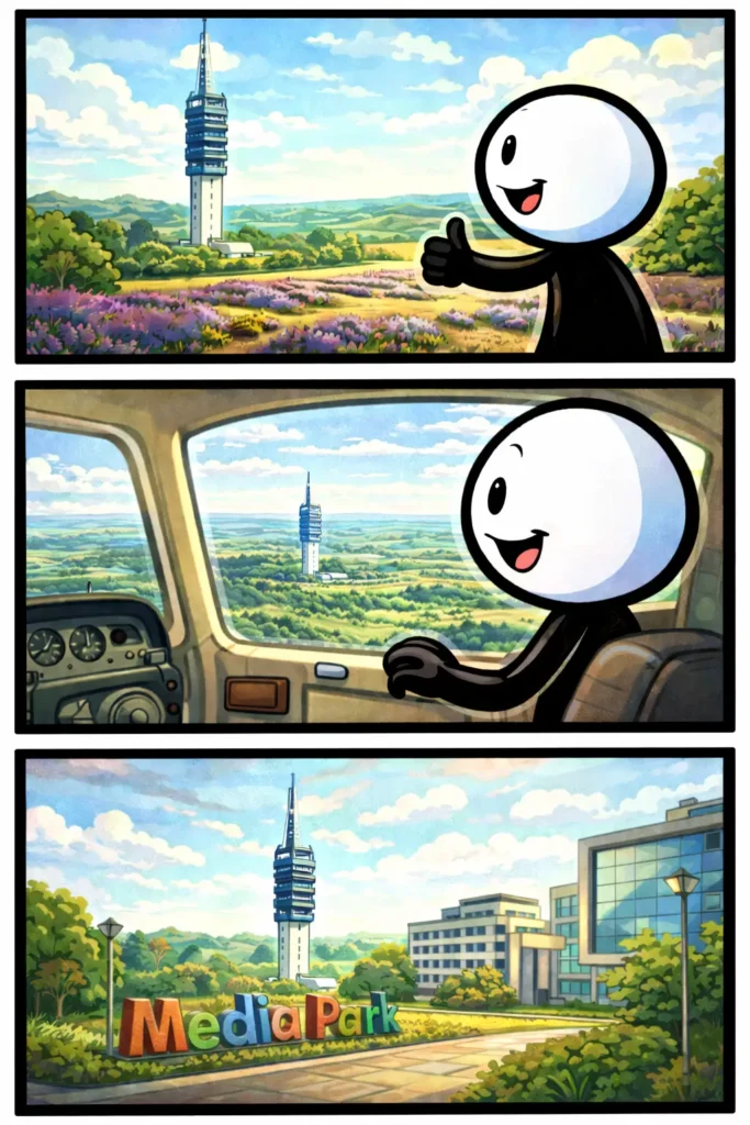 Illustratie van een televisietoren, gebaseerd op de Zendmast Hilversum, in Toonwords-stijl.