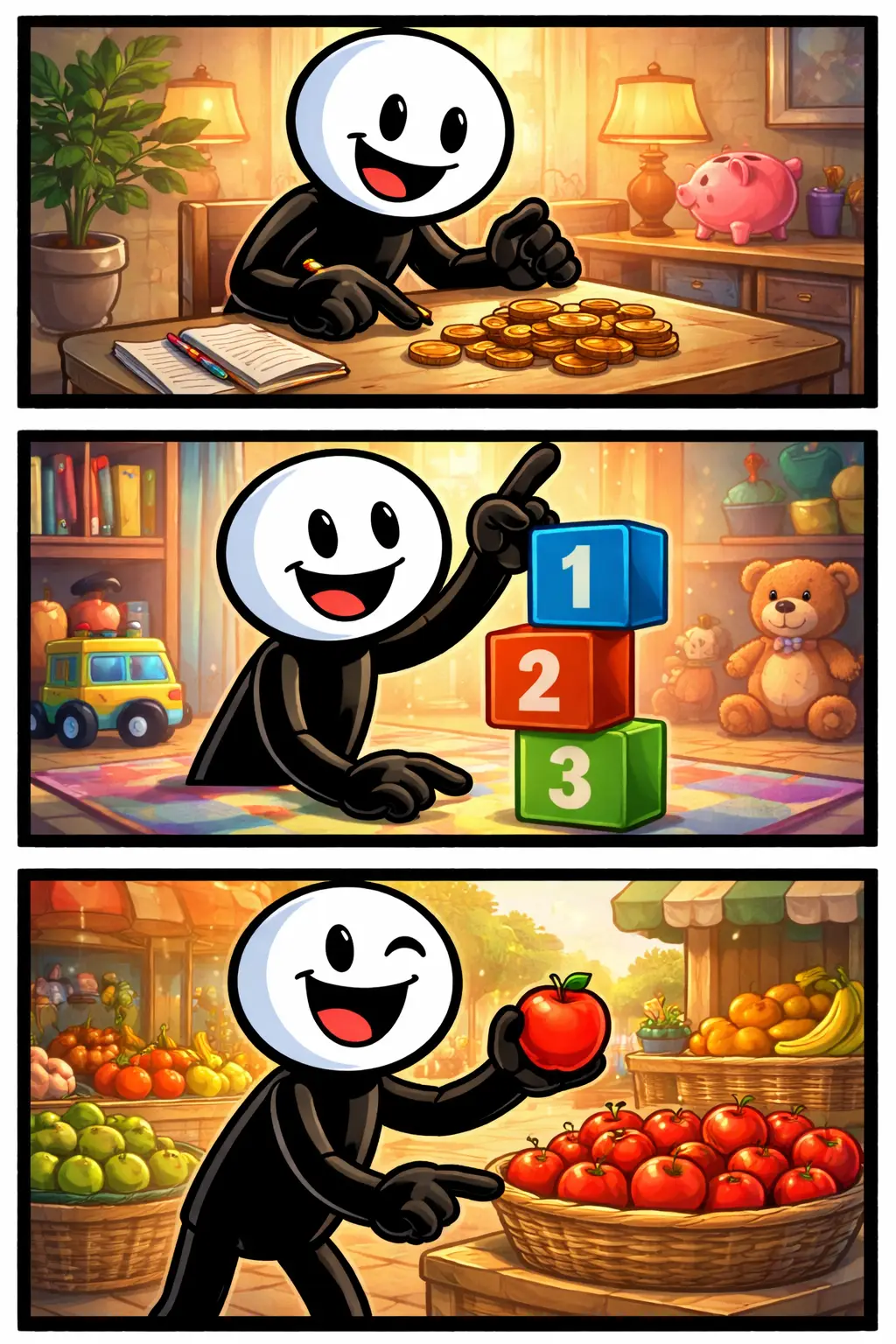 Stickman die verschillende voorwerpen telt in drie situaties in een kleurrijk Toonwords-decor.
