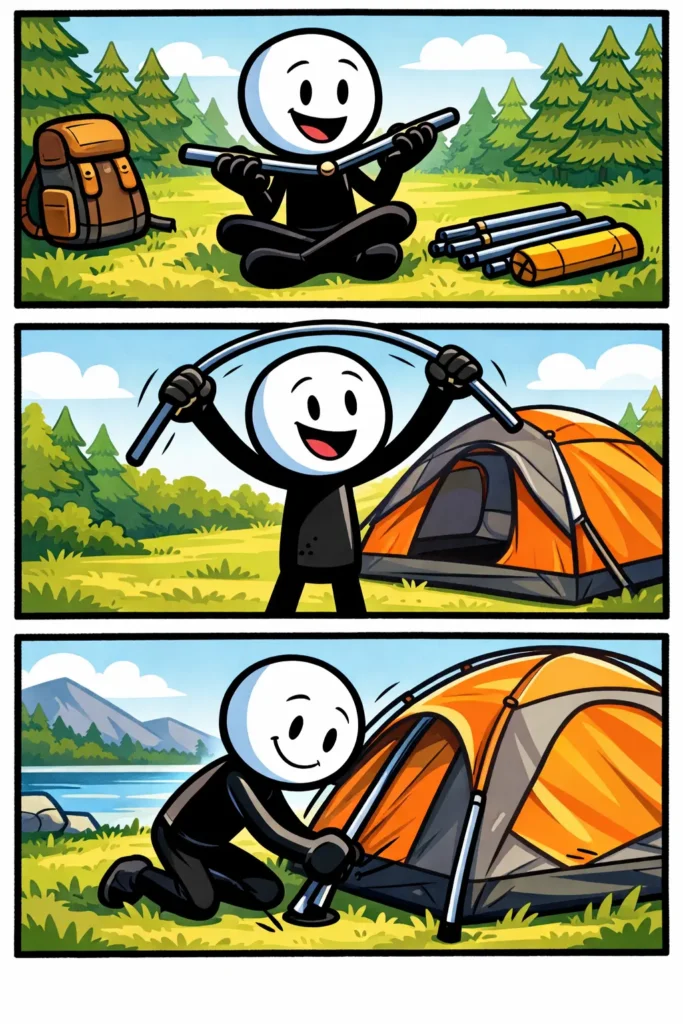 Een Toonwords-stickman die tentstokken gebruikt om een tent op te zetten, passend bij het woord tentstokken.