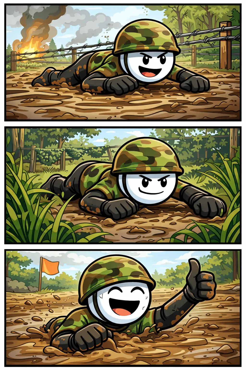 Stickman die aan het tijgeren is in drie kleurrijke panelen met verschillende houdingen en een modderige trainingsomgeving.