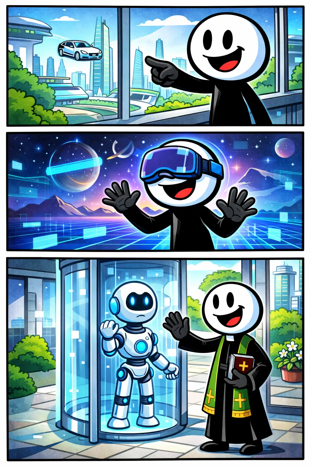 Een Toonwords-strip met drie panelen waarin een stickman vooruitkijkt naar de Toekomst, een plan maakt en met vertrouwen een nieuwe stap zet richting de horizon.