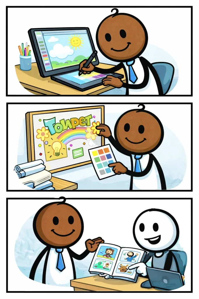 Illustratie van Toon Stickword in Toonwords-stijl, met een creatieve en toegankelijke uitstraling.