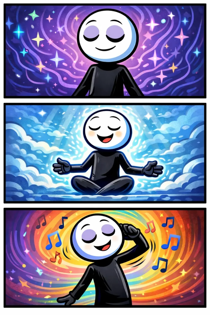Stickman in drie panelen die verschillende momenten van een trance laat zien.