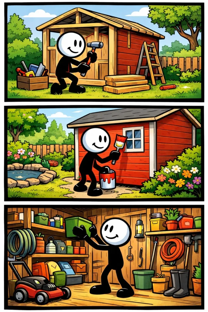 Een Toonwords-strip met een stickman die een tuinhuis bouwt, schildert en inricht, passend bij het Nederlandse woord tuinhuis.