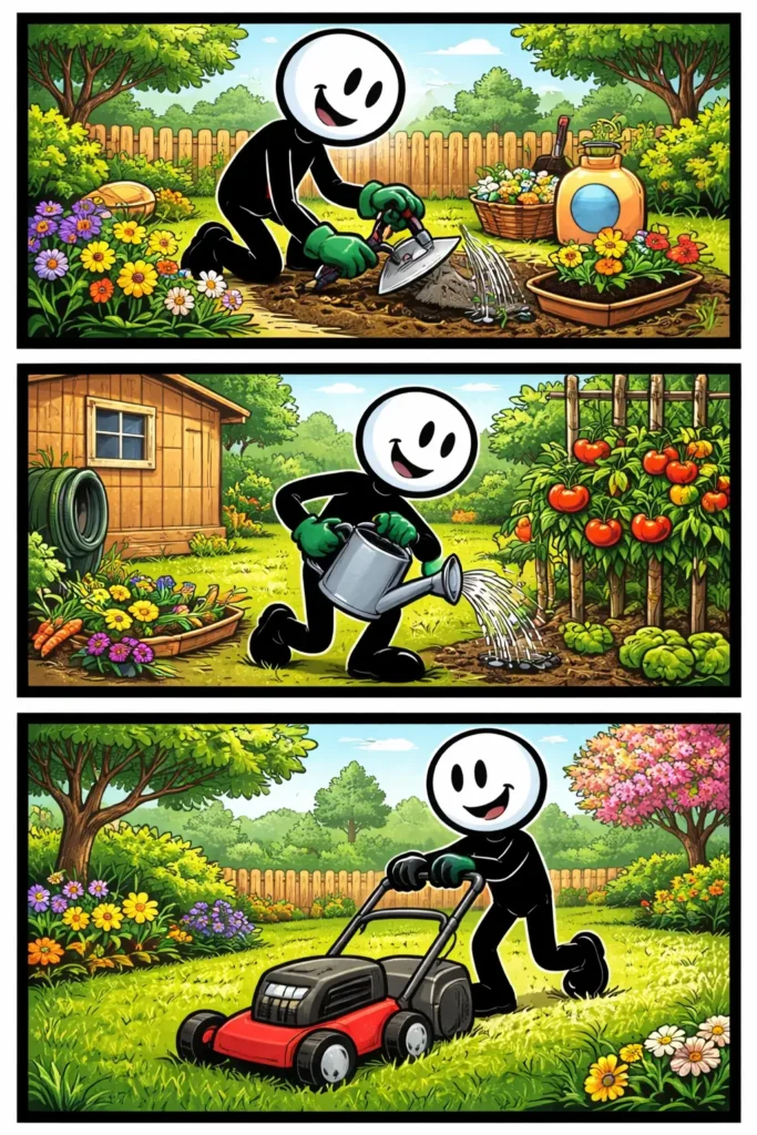 Een Toonwords-strip met een stickman die aan het tuinieren is, met bloemen planten, water geven en maaien, passend bij het Nederlandse woord tuinieren.