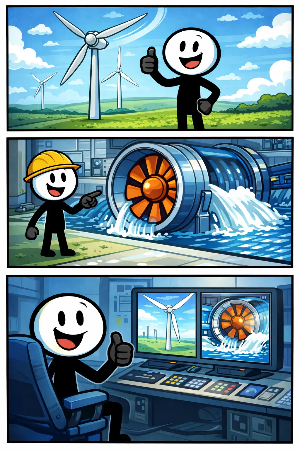 Stripafbeelding van een turbine met stickman in Toonwords-stijl.